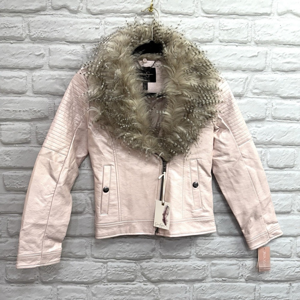 Jessica Simpson Pink Motor Cycle Faux Leather Fur Collar Jacket Youth 14/16 New